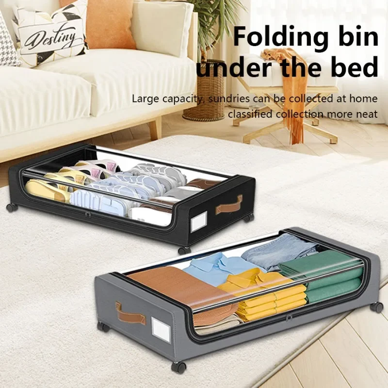 Fabric Foldable Bed Bottom Storage Box, Pulley Clothes Sorting Box with Cover, Dust-Proof, Household Sundries