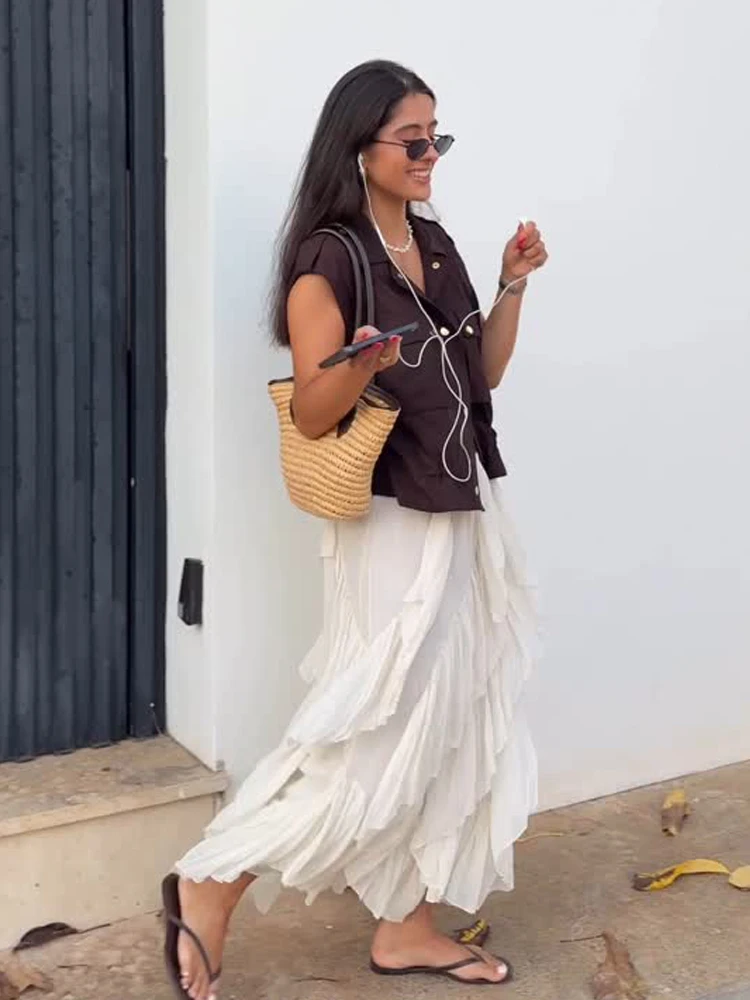 

HH Summer Women Chic Stacked Ruffle Design Midi Skirt 2025 Woman High Waist Solid Skirt Seaside Vacation Beach Skirt Mujer