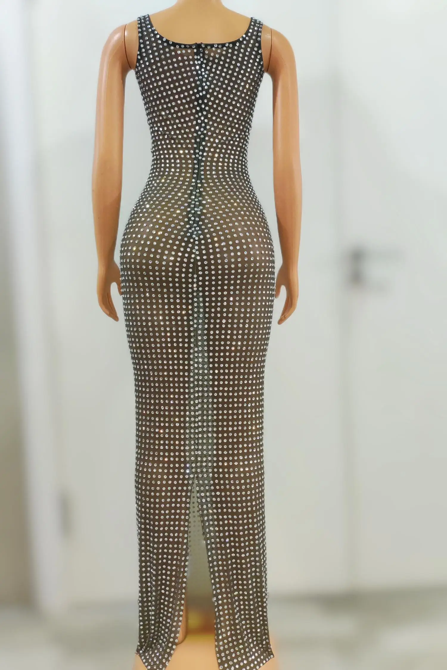 Bnazuandiaodai Full Shiny Diamonds Rhinestone Mesh Bodycon Maxi Dress Sleeveless Sheer Club Cocktail Evening Party Long Gown - view 2