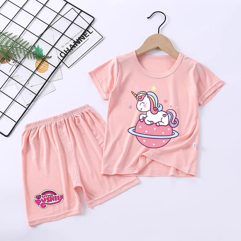 

2pcs My Little Ponys T-shirt+shorts Kawaii Unicorn Pajamas Children Cartoon Anime Nightwear Fashion Nighty Summer Home Clothes