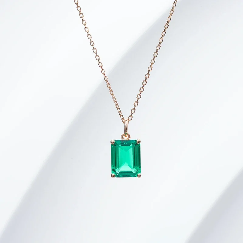 Emerald Cut Jewelry Lab Grown  Emerald Color Gemstone Prongs Necklace