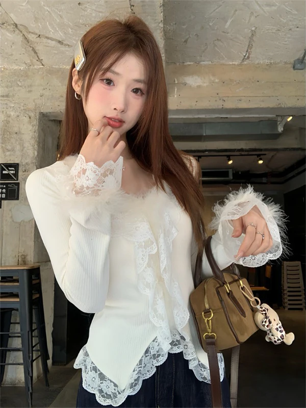 

Облегающий длинный свитер с кружевной отделкой, модный женский зимний новый трикотажный свитер с V-образным вырезом в корейском стиле...