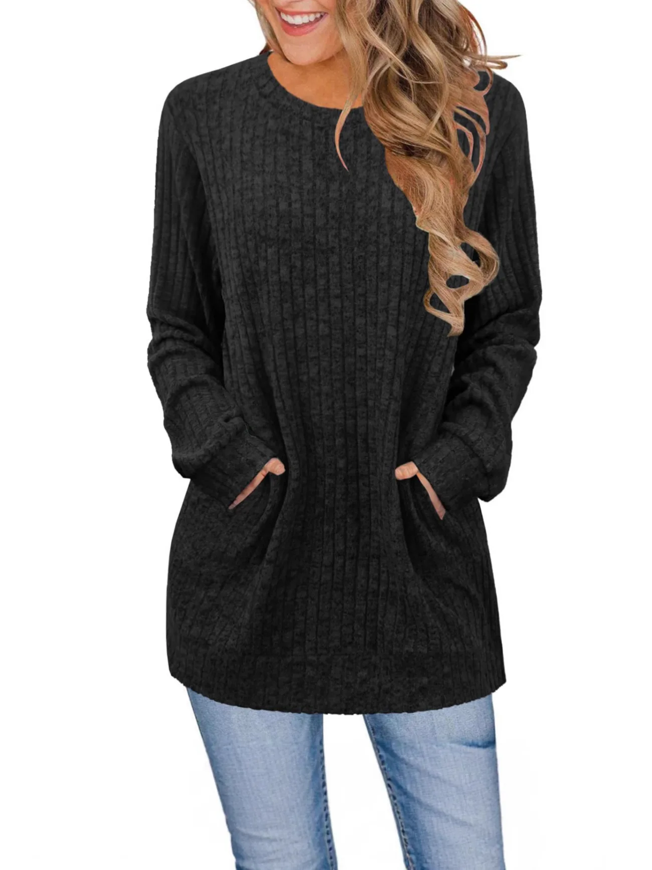 

Повседневный свитшот в стиле пэчворк, ребристый пуловер, свитер с круглым вырезом, топ с длинными рукавами, однотонный, свободного кроя, осенний, для женщин