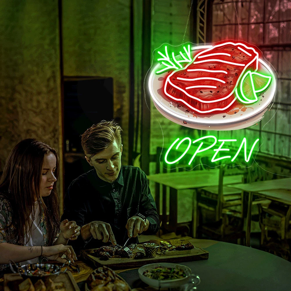 Beef Steak Open Neon Sign Custom BBQ Restaurant Decor Outdoor Picnic Neon Sign Meat Restaurant Led Neon Light Personalized Gifts