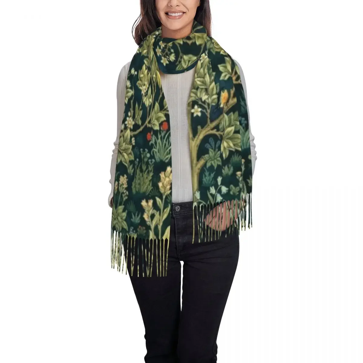 Tree Of Life By William Morris Tassel Scarf Women Soft Floral Textile Pattern Shawls Wraps Female Winter Fall Scarves