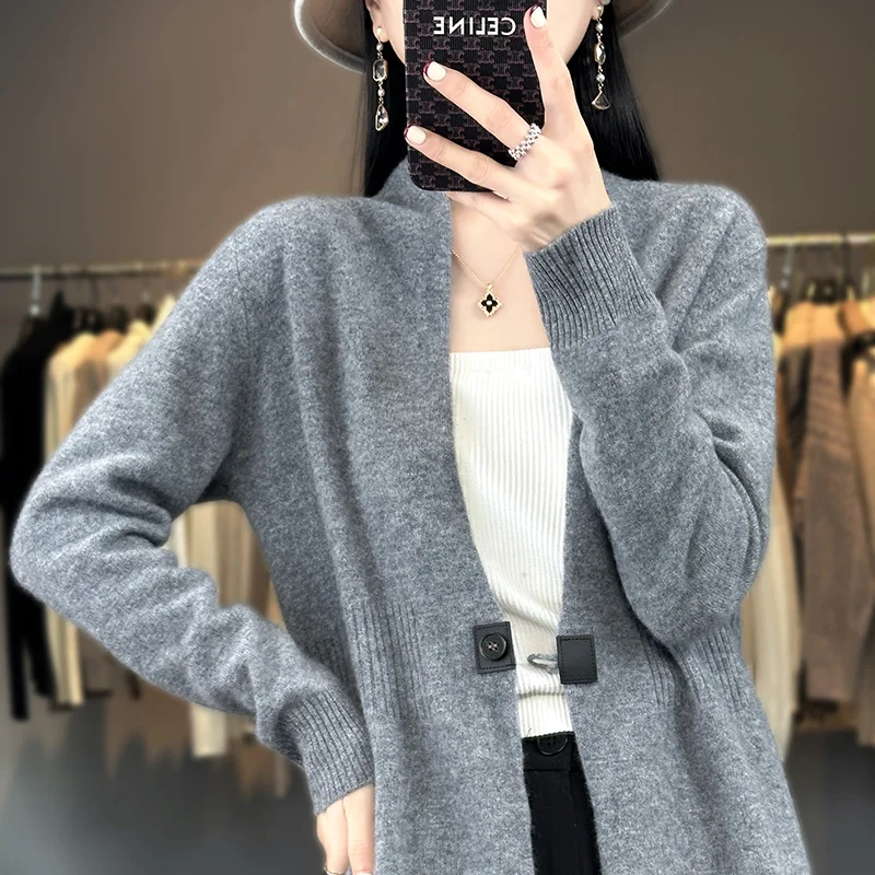 New cashmere sweater in autumn and winter women\'s V-neck cardigan 100% Merino wool knit top fashion Korean bottoming coat