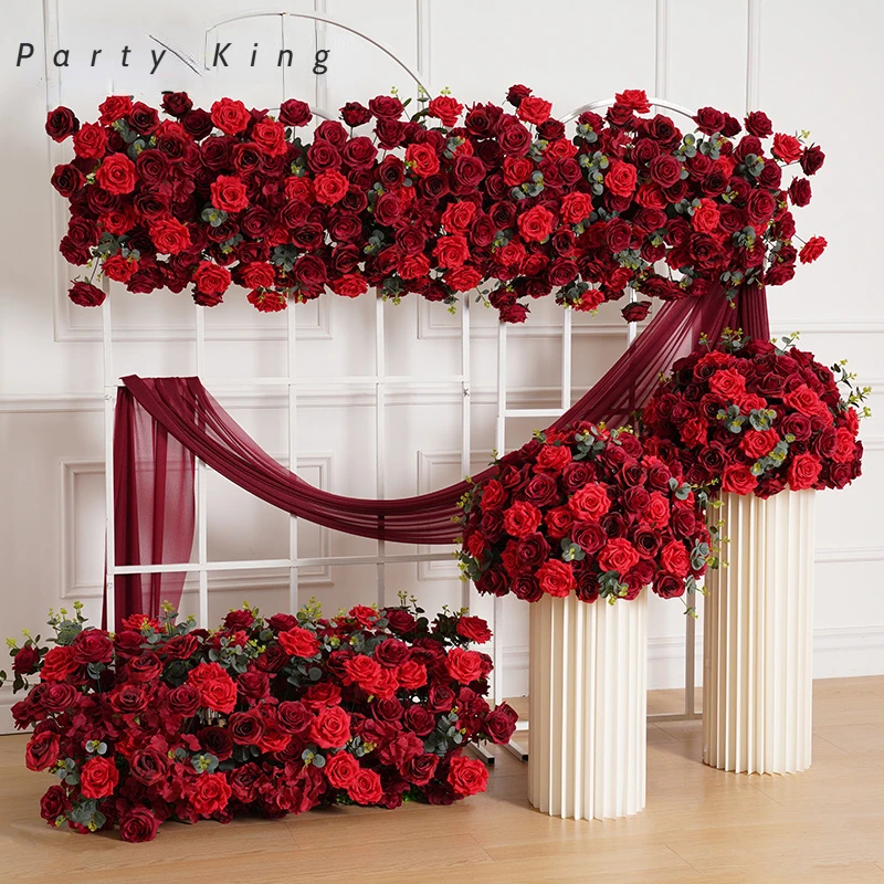 Wine Red Roses Artificial Flowers Wedding Background Arch Flower Arrangement Decorative Welcome Flowers Ball Table Centerpiece