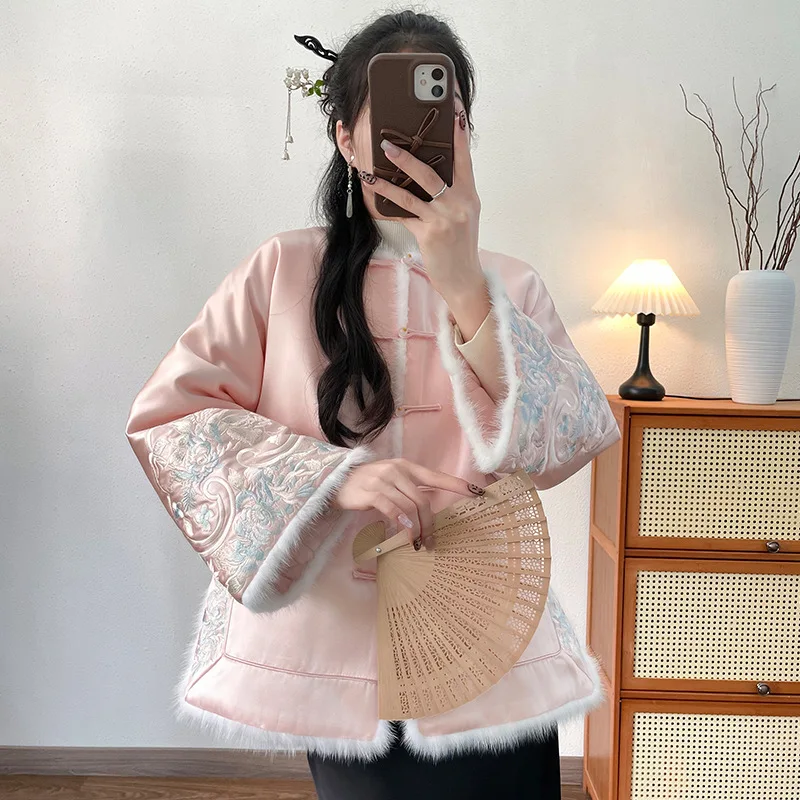 

High-end Winter Warm Coat New Chinese Style Stand Collar Acetate Mink Fur Women Loose Coat Elegant Embroidery Flowers S-XXL