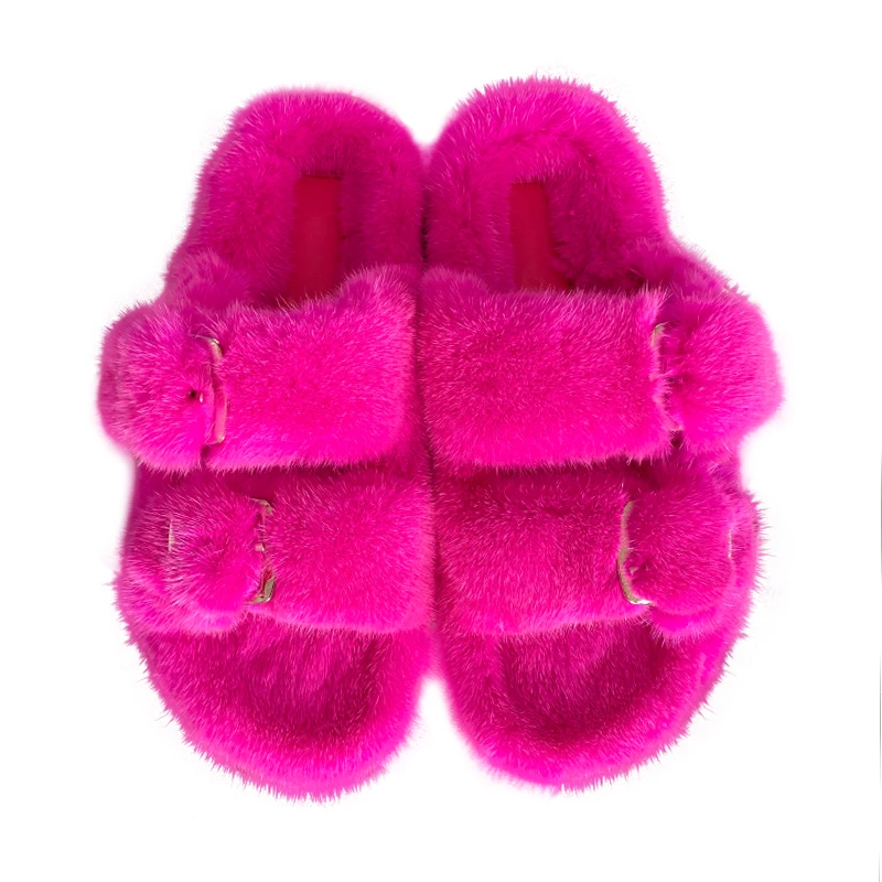 

Women's Fur Slippers 100% Real Mink Slippers European Station Ladies Fur Slides Flat Heel Fashion Luxury Shoes Woman 2024 Trend