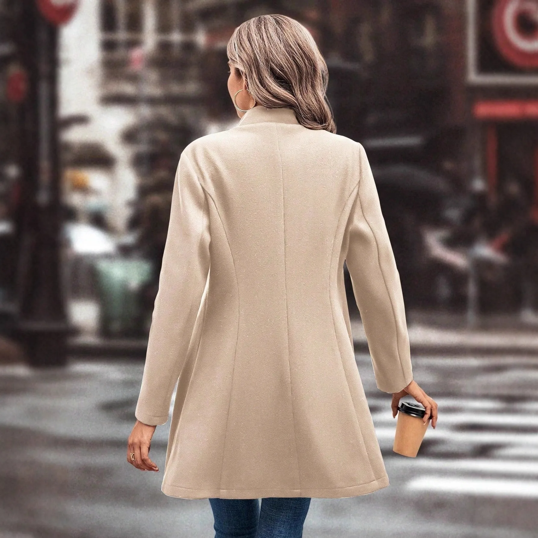 เสื้อโค้ทผ้าสีพื้นสำหรับผู้หญิง ปี 2025 ดีไซน์เข้ารูปช่วงเอว สไตล์ลำลอง ไม่มีแบรนด์