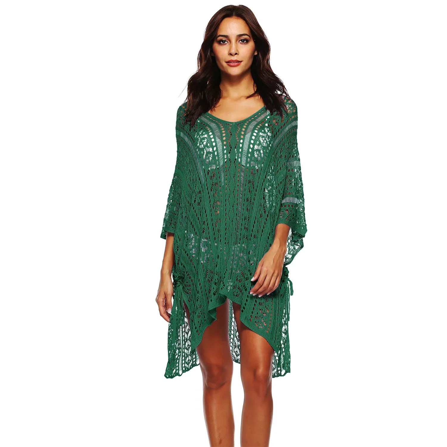 2025 Primavera Verano europeo americano mujer mano Crochet flor hueco vestido con cuello en V playa protector solar señora blusa verde