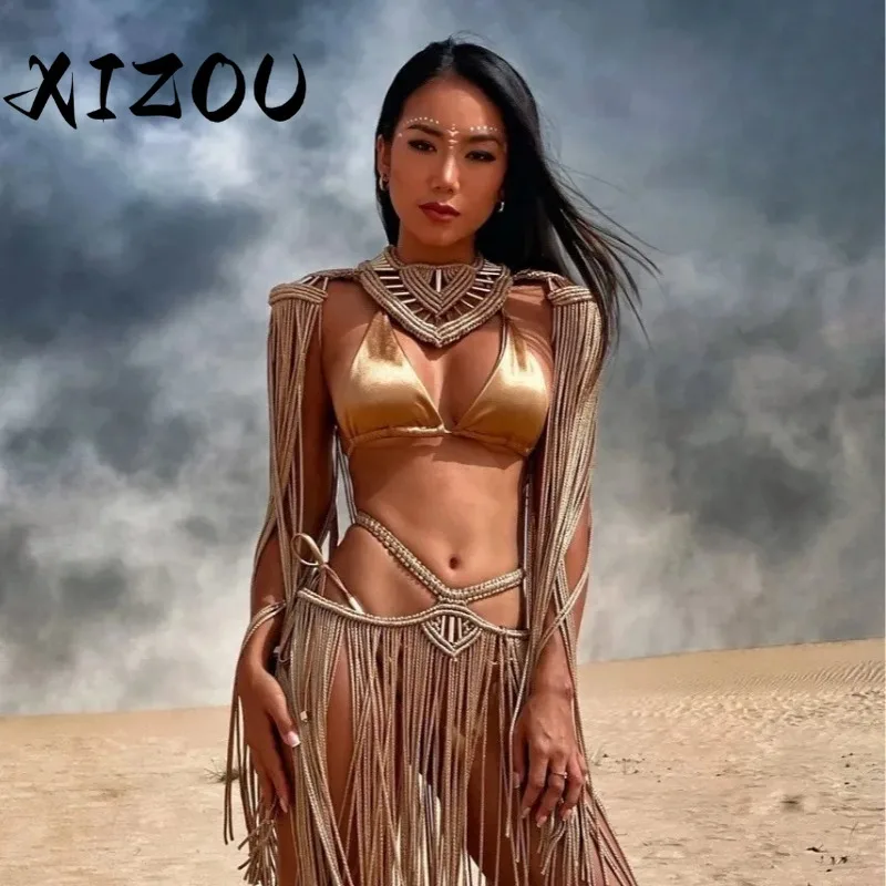 

XIZOU Bikini Cover Ups Hand Crochet Knitted Women 2025 Summer Holiday Tassel Beach Bathing Suit Hollow Out Skirts Matching Set
