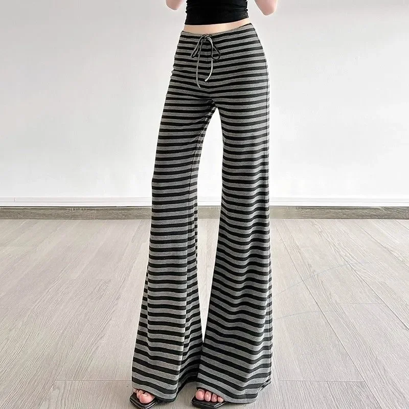 Stylish Drawstring High Waist Trousers Women's Clothing American Casual Striped Autumn Basic Contrasting Colors Bootcut Pants