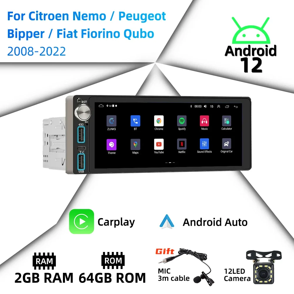 

6,86 "Android автомобильный мультимедиа для Citroen Nemo Peugeot Bipper Fiat Fiorino Qubo 2008-2022 1Din радио стерео авторадио Carplay GPS