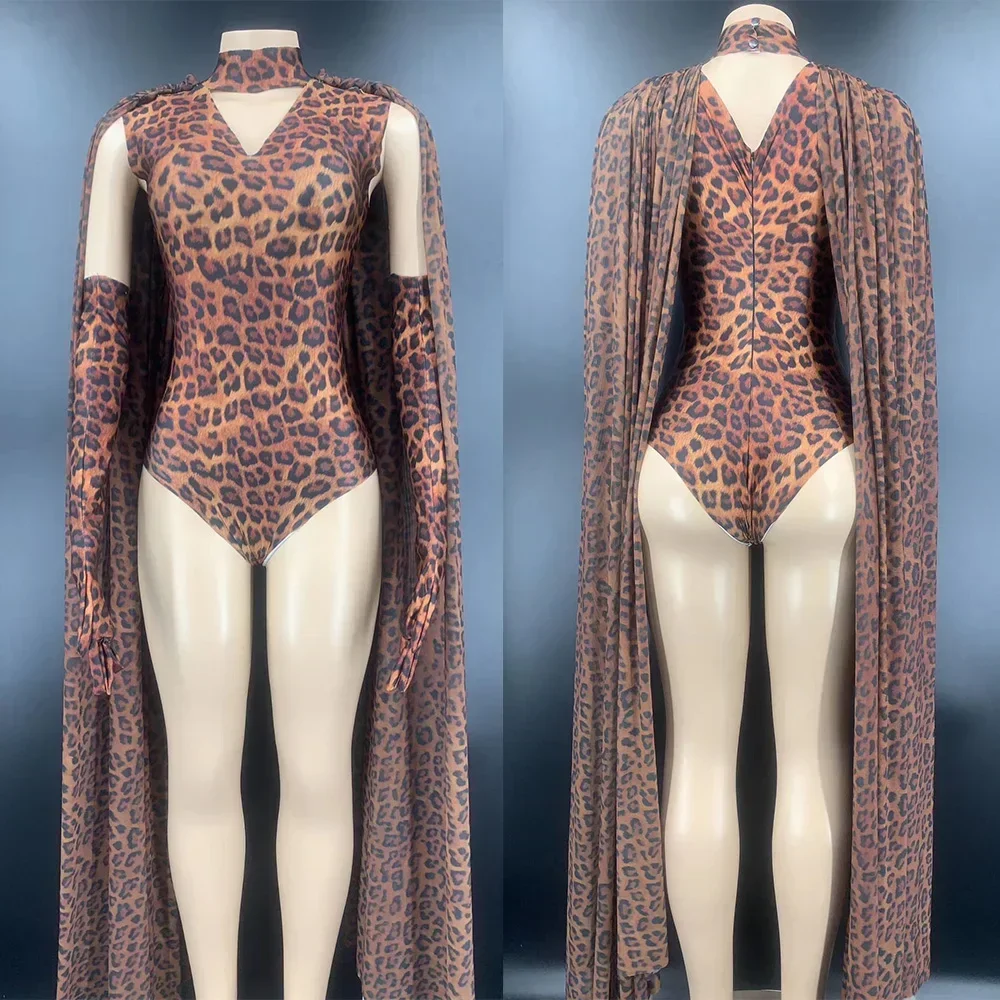 

Leopard Sexy Bodysuits With Gloves Shawl For Women Party Carnival Stage Costume Fashion Show Wear Prom Dance Drag Queen Outfit