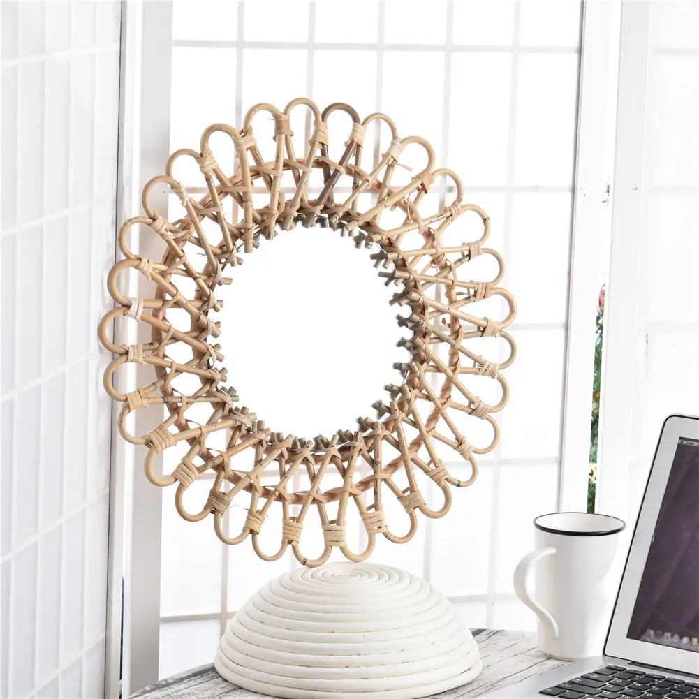 Wall Mirror Rattan Hand Woven Decorative Mirror Craft Wall Mounted Mirror for Apartment Bedroom Living Room Home Decoration