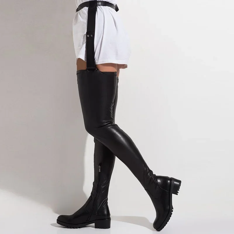 Waist Band Thigh High Long Stretch Boots Black Low Square Toe Anti-slip Winter Long Over Knee Women Sexy Boots Size 43 Shoes