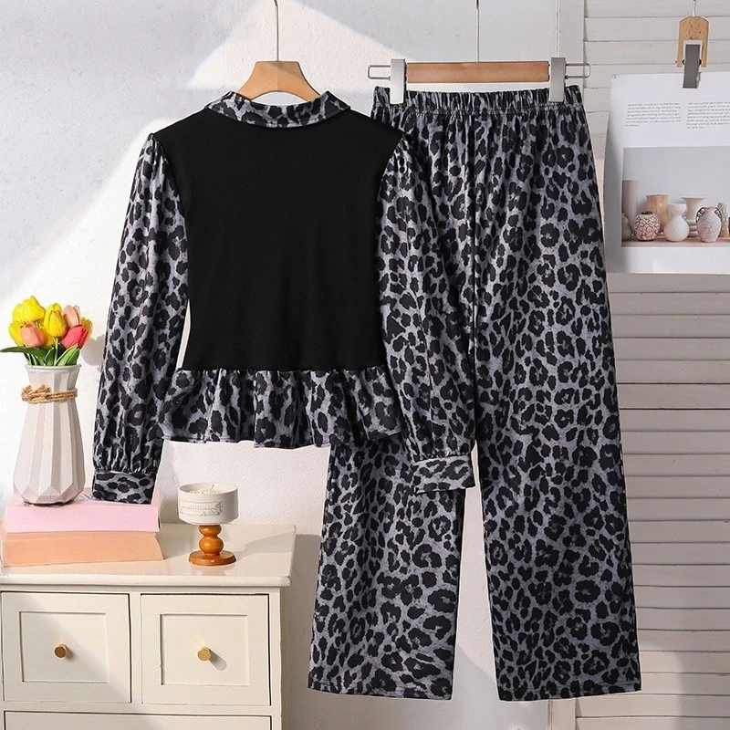 Girls Collared Leopard Print Outfit Vest Spliced Long Sleeve Blouse, Wide Leg Trousers Fashion Two Piece Suit Children Clothes