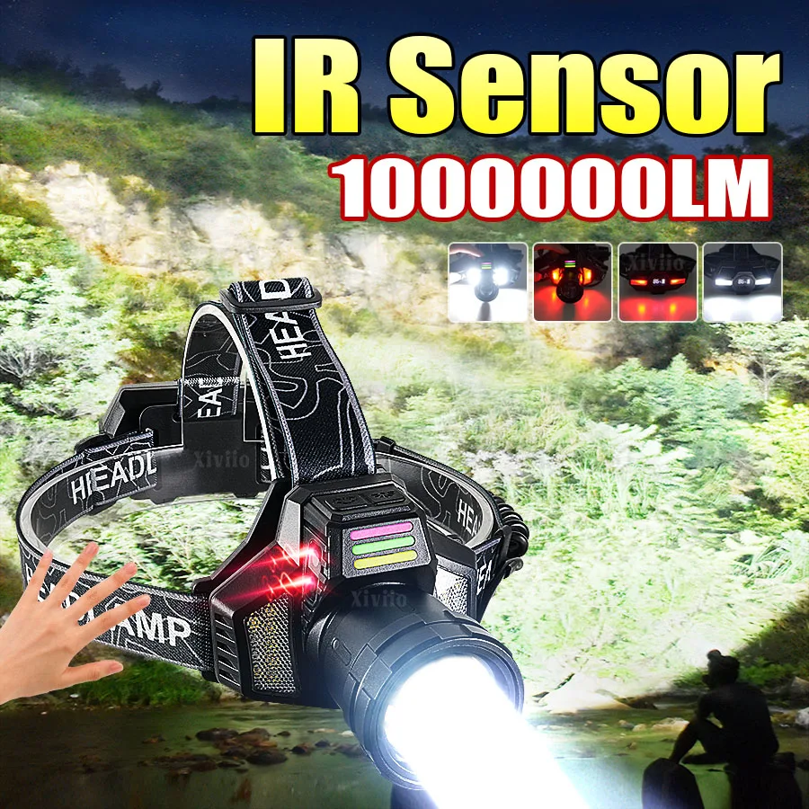 1000000LM IR Sensor Most Powerful Headlamp 18650 Rechargeable High Power LED Head Flashlight Fishing Head Lantern Front Light