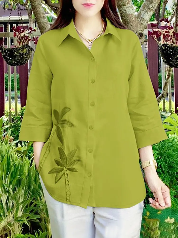 Koszule Vintage ZANZEA Jesienna Bluzka z Kwiatowym Haftem Damska Dekolt V Rękaw 3/4 Koszula Codzienna Zapinana na Guziki Bluzki Damskie Bluzki do Pracy