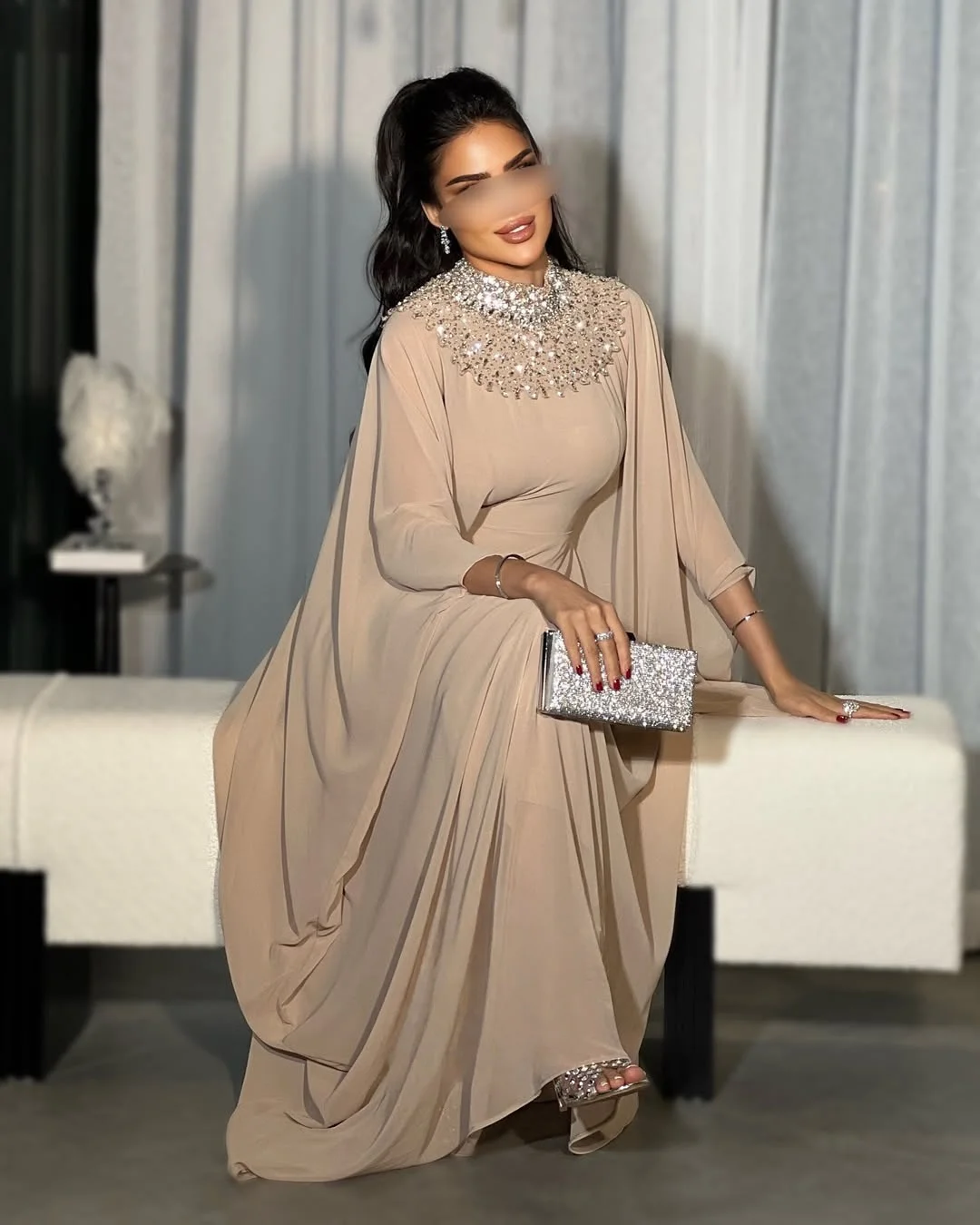

Champagne Crystal Chiffon Prom Dresses Long for Women 2025 Long Sleeve Crystal Puffy Formal Evening Gowns Customized