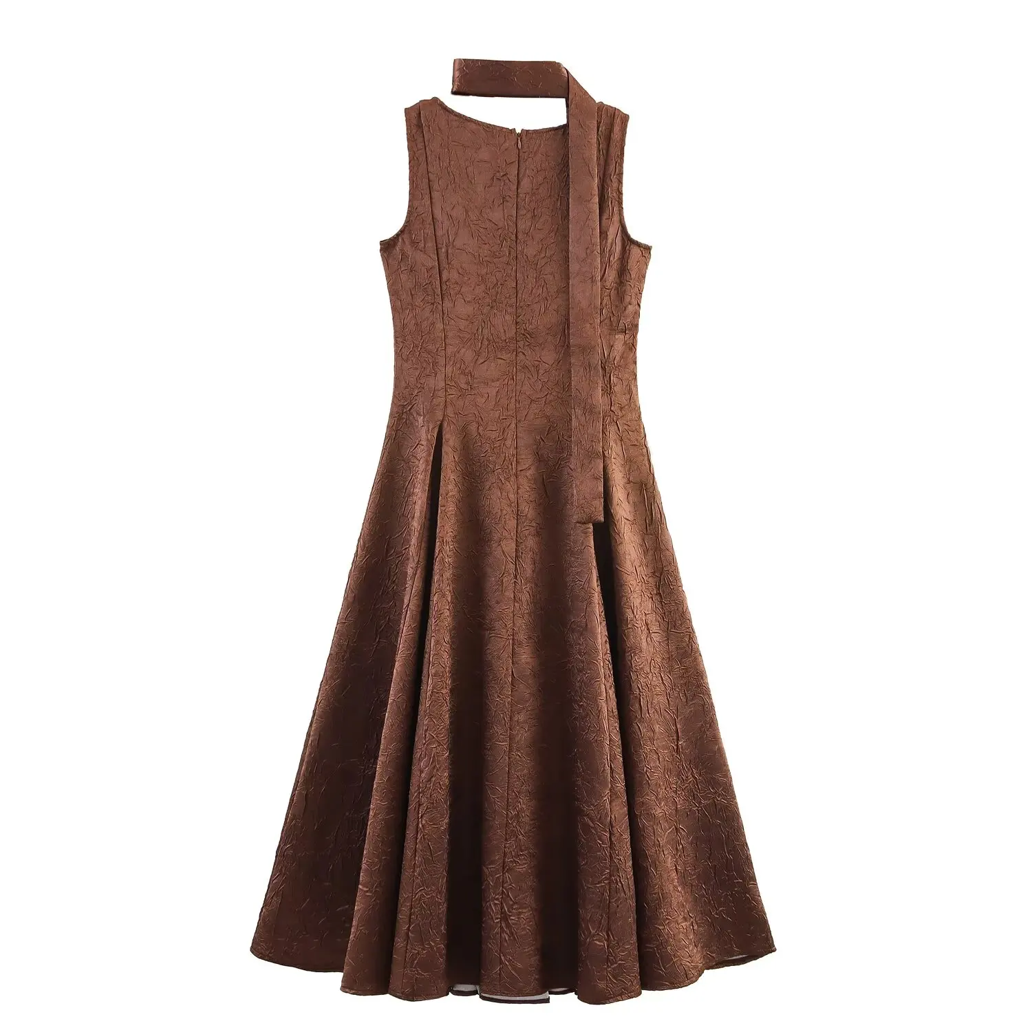 2025 vintage café rugas cetim vestido sem mangas com fita cachecol feminino gola quadrada cintura fina balanço longo vestidos de tanque robe