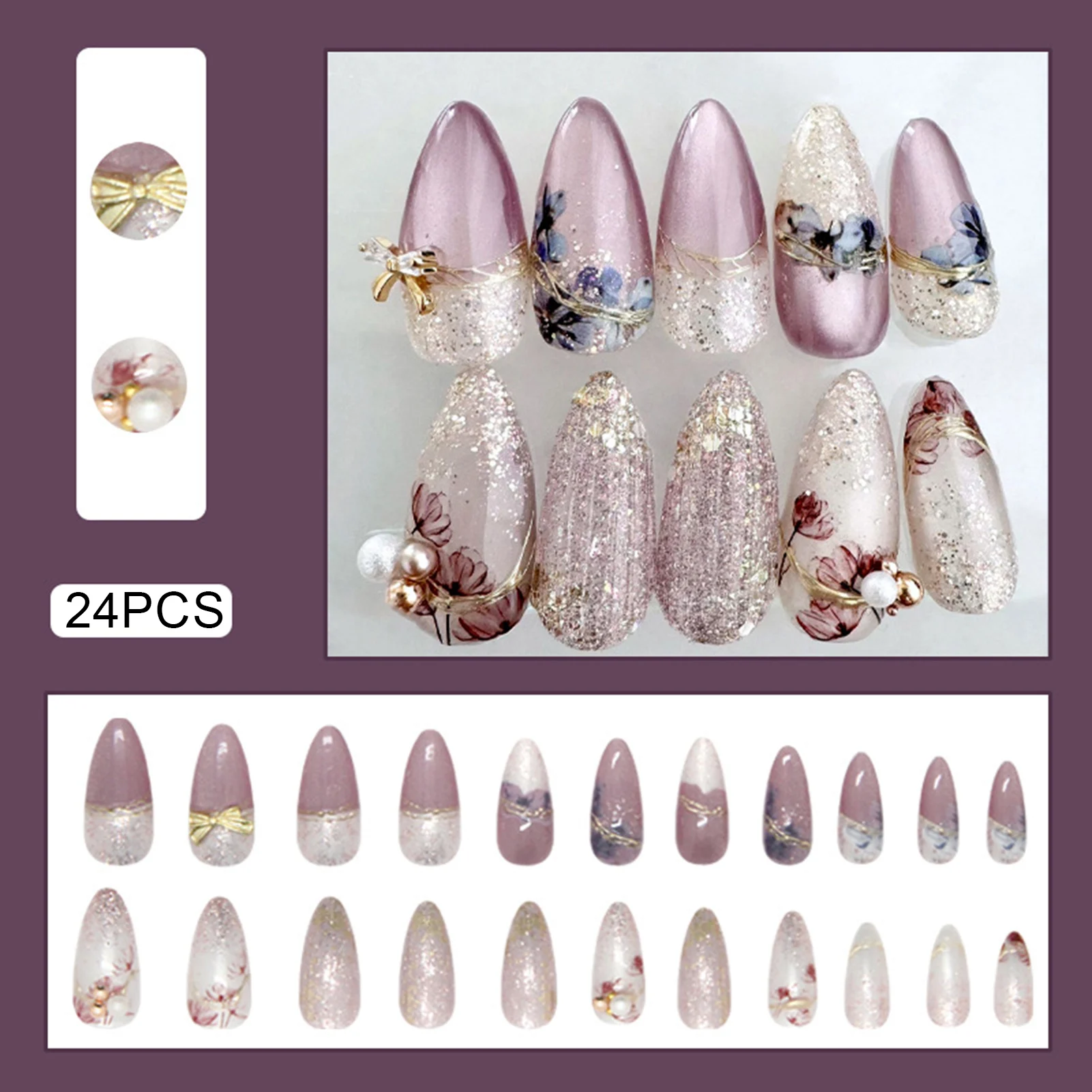 24Pcs Fake Nails ABS Plastic Purple Flower Bow Design for Party Wedding Elegant 3D Press on Nails Almond Shaped Durable