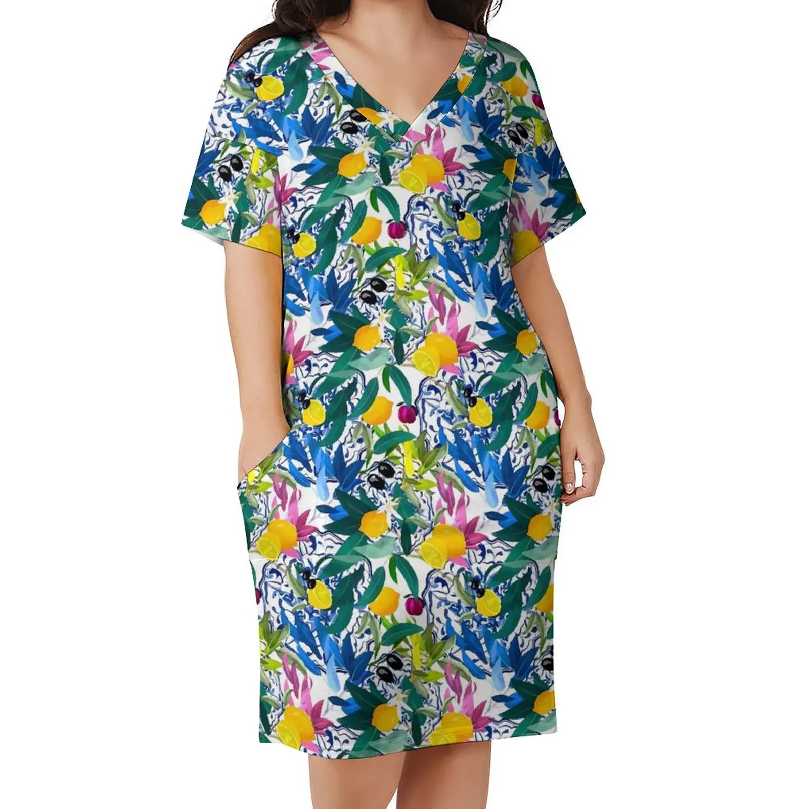 

Lemon Fruit Print Dress V Neck Vintage Style Aesthetic Dresses Holiday Sexy Casual Dress Female Graphic Oversize Clothes