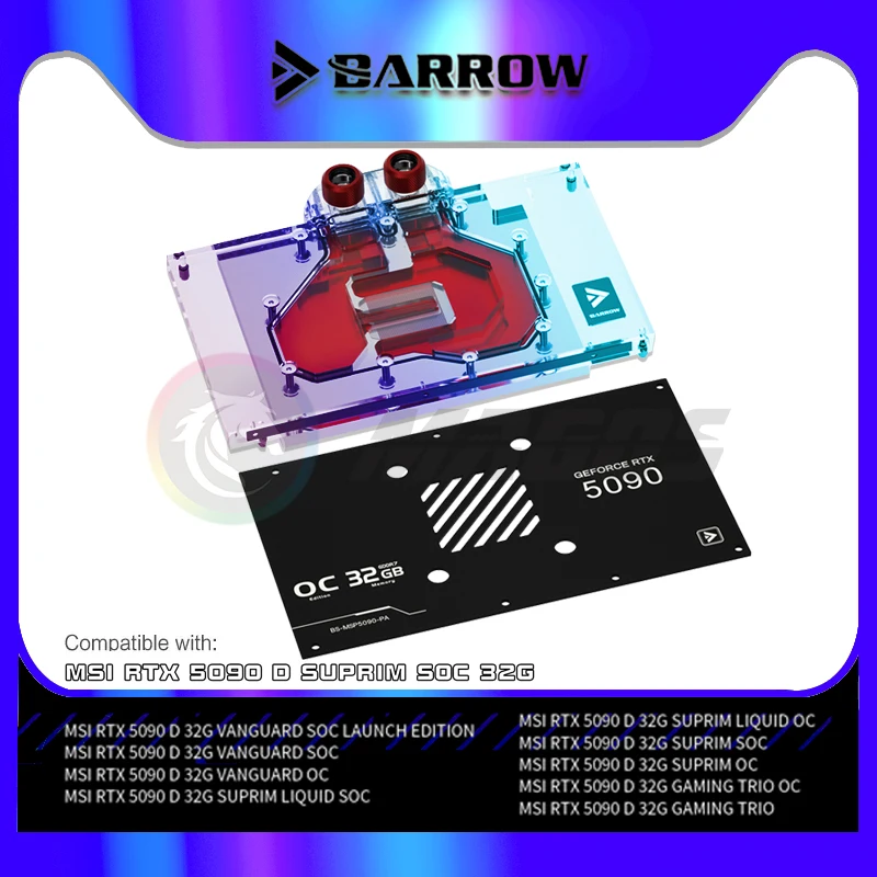 

Водяной блок графического процессора Barrow 5090 для MSI RTX5090 D SUPRIM/VANGUARD/GAMING TRIO серии VGA водяной охладитель, 5 В ARGB черный/белый