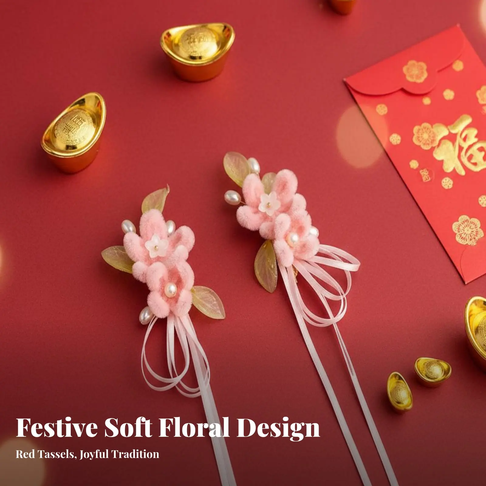 

2 Pieces Soft Flower Hairpin Festive Design Traditional Attire Hair Accessory Chinese Design Tassel Hair Fastener Lightweight
