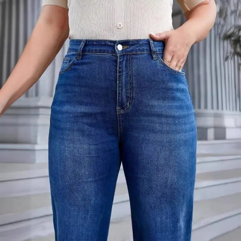 Calças de pernas largas para mulheres, tamanho grande, jeans, esticadas, estreitas, gordas, jeans largos, jeans slouchy, azul