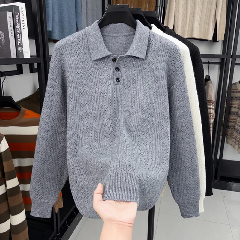 ​ ​ بولو محبوك للرجال - رمادي فحمي (أسود/كريمي) M-3XL يشبه الصوف |   مكافحة بيلينغ الأعمال عارضة ​ ​