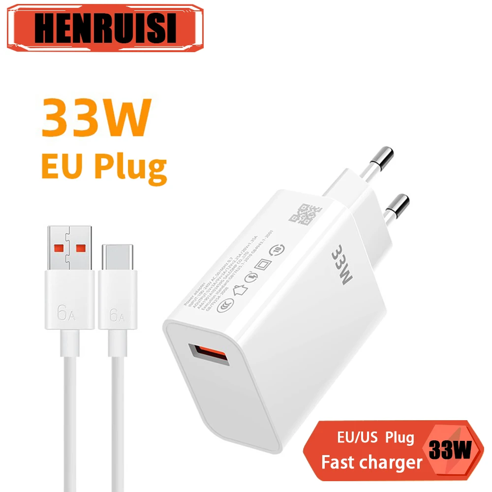 33W USB Quick 3.0 Charger 6A USB Type C Cable Fast Charging For Xiaomi Redmi Note 13 12 iPhone Samsung Wall Adapter