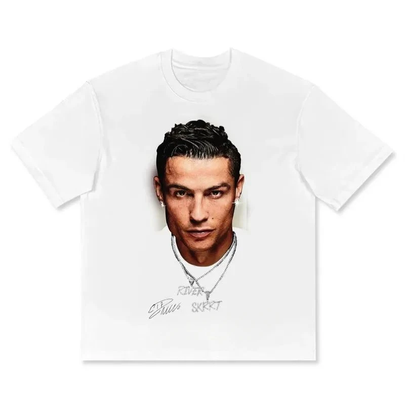 Vintage Pure Cotton Loose Casual Short Sleeve Cotton Football Star Cristiano Ronaldo Neymar Messi Football Star World Cup