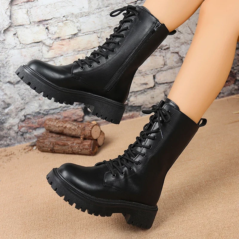 British Style Black Mid Calf Boots for Women Pu Leather Thick Heels Motorcycle  Mujer Autumn Winter Lace Up Boots Woman