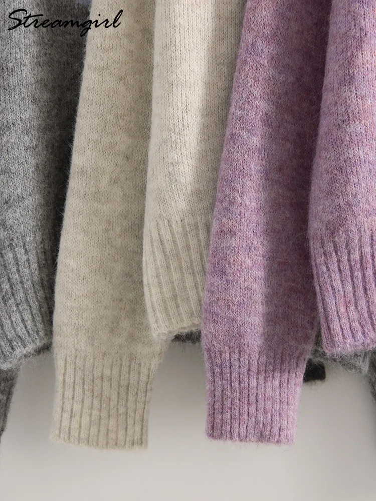 سترة Streamgirl الشتوية الرمادية مع زهرة المرأة بلوفرات متماسكة فضفاضة الأرجواني تريكو خمر سترة زهرة دافئة للنساء
