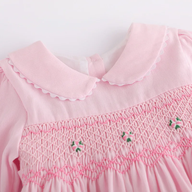 Kids Girls Smocked Dresses 2024 Autumn Long Sleeve Pink Elegant Princess Dresses For Girls Vintage Outfit Party New Year