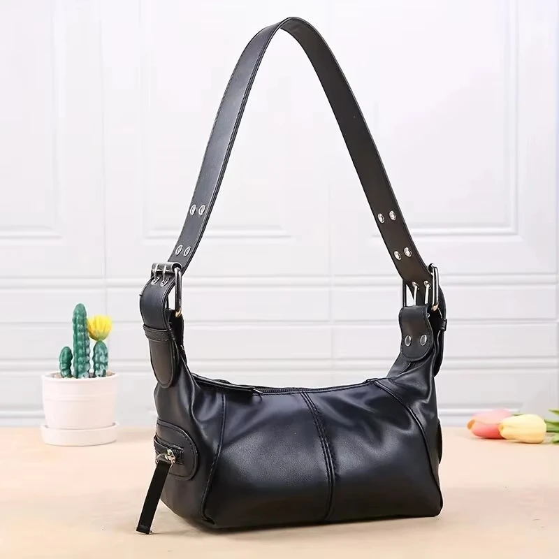 Underarm Bag Women\'s Bag Cool Drag Style Single Shoulder Underarm Stick Bag Niche Design Leather Zipper Single Shoulder Handbag