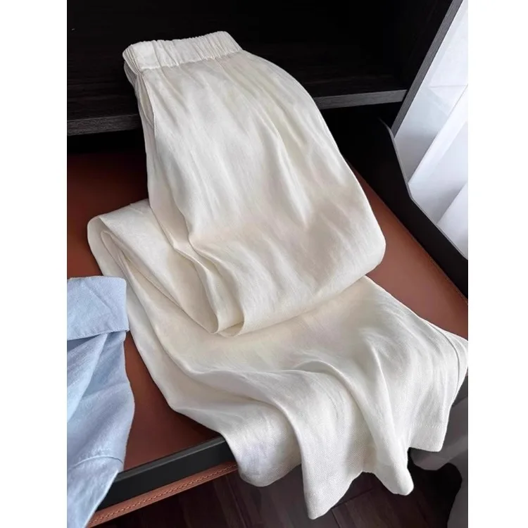 Pantaloni a gamba larga in lino di cotone di fascia alta Pantaloni estivi da donna in lino bianco a taglio dritto allentato Pantaloni lunghi casual a vita alta