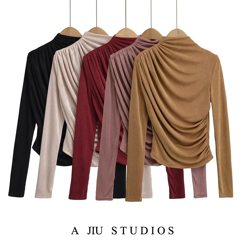 Slim Fit Long Sve T-irt Women's High Ne Base irt Design Sense Pleated Waist Cinching Street Sle ort Length Elastic