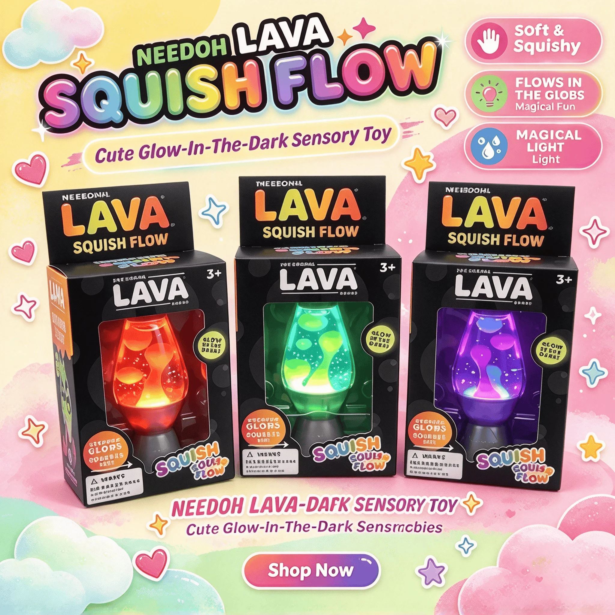 NeeDoh Lava Glow In Dark Lava Lamp Squishy Flowing Squeeze Ball Stress Relief Fidget Sensory Toy Gift