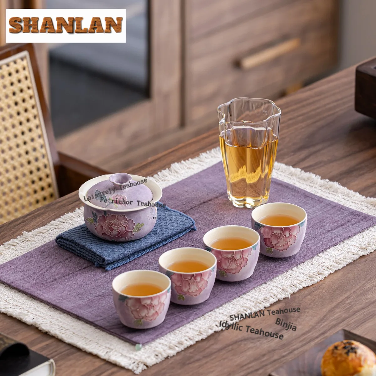 

Расписанный вручную чайный сервиз с фиолетовыми пионами, полный набор для традиционной чайной церемонии, чайник и чашки, китайский чайный набор, аксессуары, ручная работа