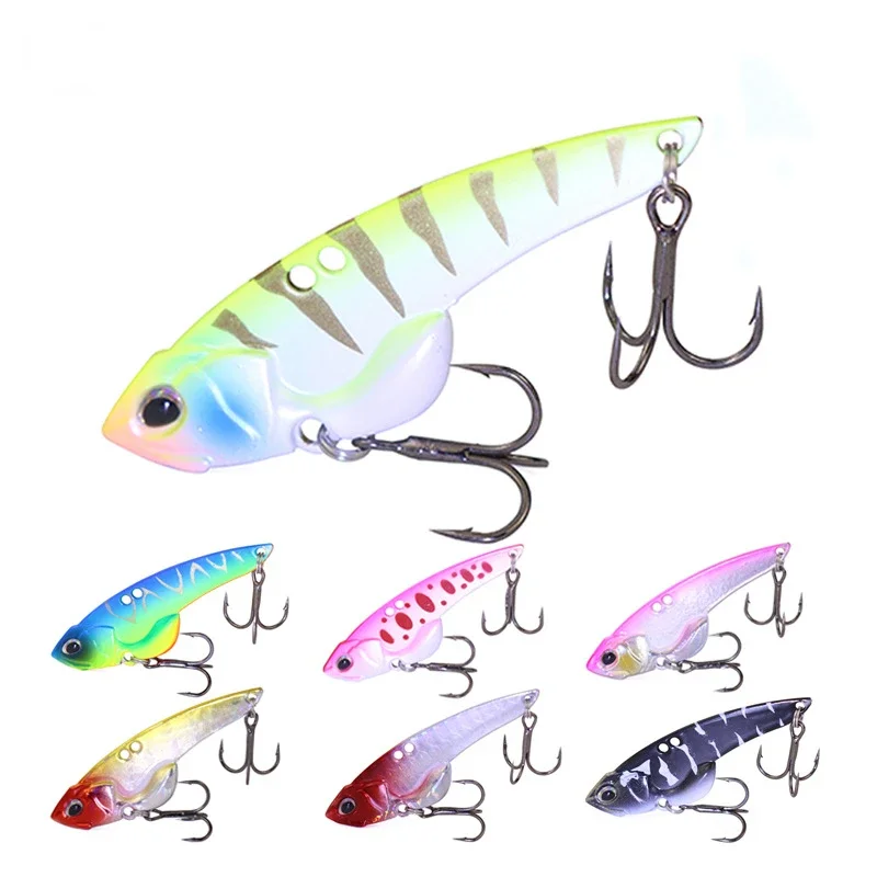 Vib LURE Three Hooks with Fishing Hooks Barbs High Frequency Tremor Long Cast Metal 3D Eyes 7 Color Warping False Fishing Lures