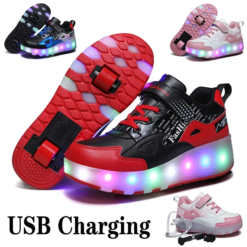 

Новый размер 27-43, детские светящиеся кроссовки с зарядкой через USB, 2-колесная светодиодная подсветка для мальчиков и девочек, роликовые коньки, светящаяся детская повседневная обувь