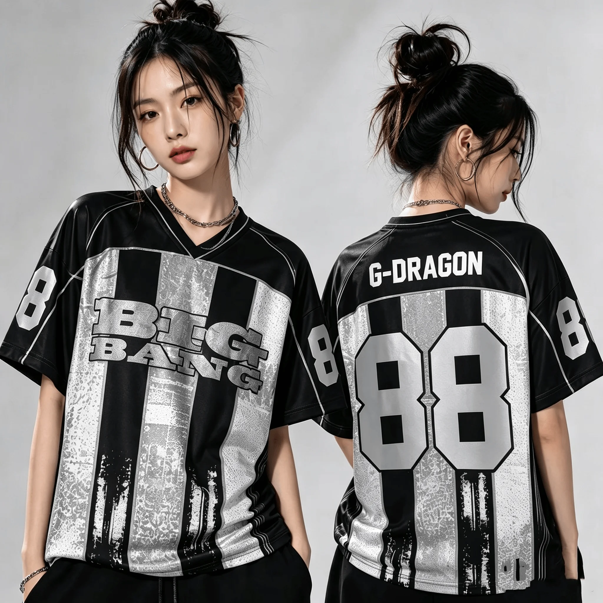 2026 Kpop BIGBANG 20th Anniversary World Tour Women Loose Jersey G-Dragon 88 Black White Stripe Vintage Print Short Sleeve tops