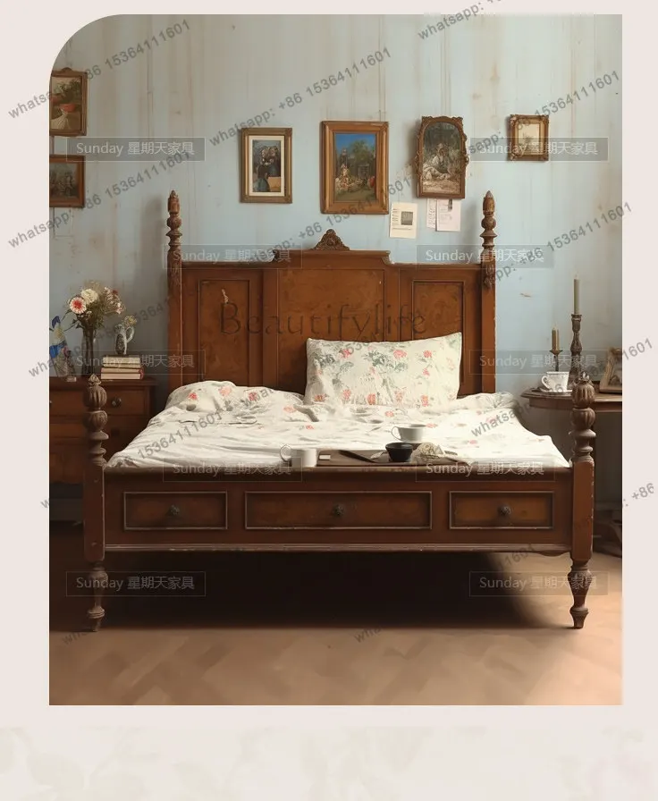 8Neoclassical country princess bed retro solid wood high backrest master bedroom 1.8 meters double bed
