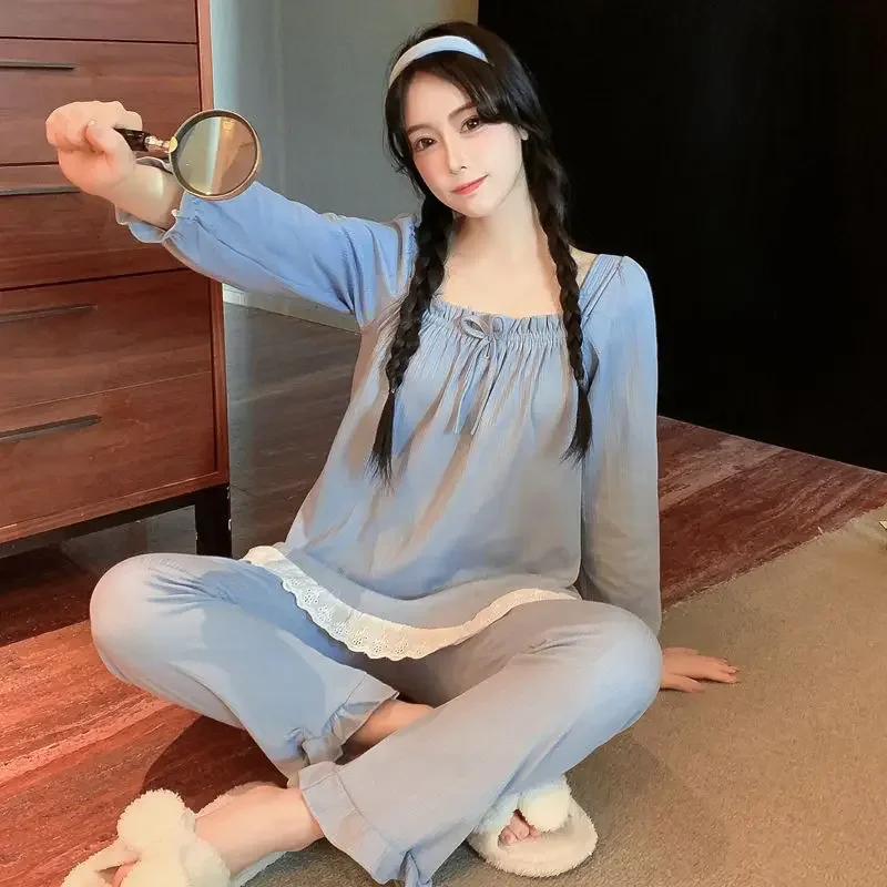 kawaii clothes Women Sleepwear Long Sleeve Pants Pajama sets Lace Homewear Sets Korean Fashion Loose Spring Autumn loungewear