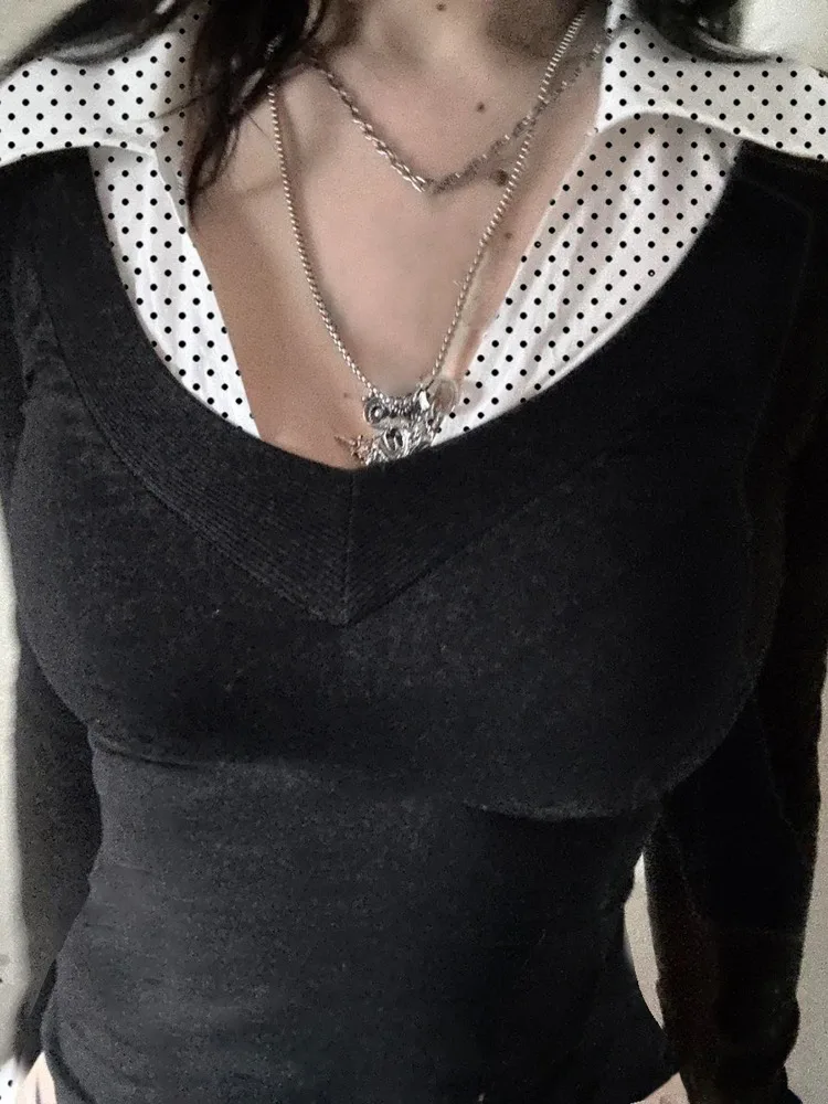 AltGoth Fairycore Grunge Chic T-shirt femmes esthétique élégant Y2k à pois faux deux pièces Patchwork col en v à manches longues T-shirt