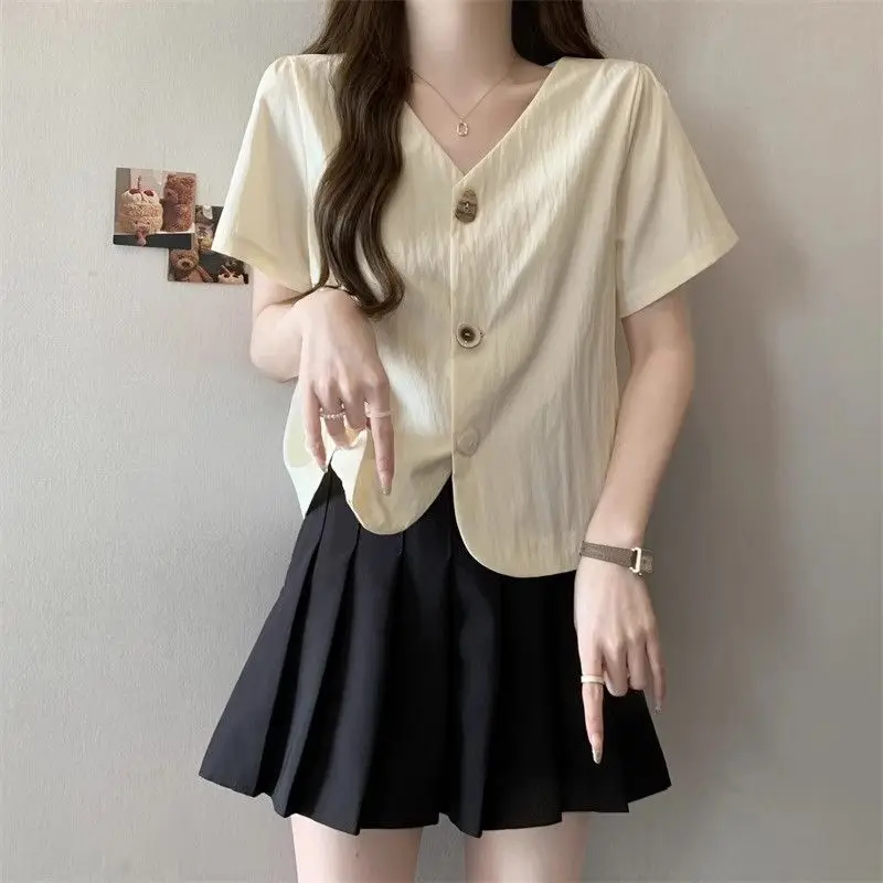 新しい中国風の夏の新しい女性のブラウスカジュアル多用途ボタンカーディガン V ネック半袖トップ