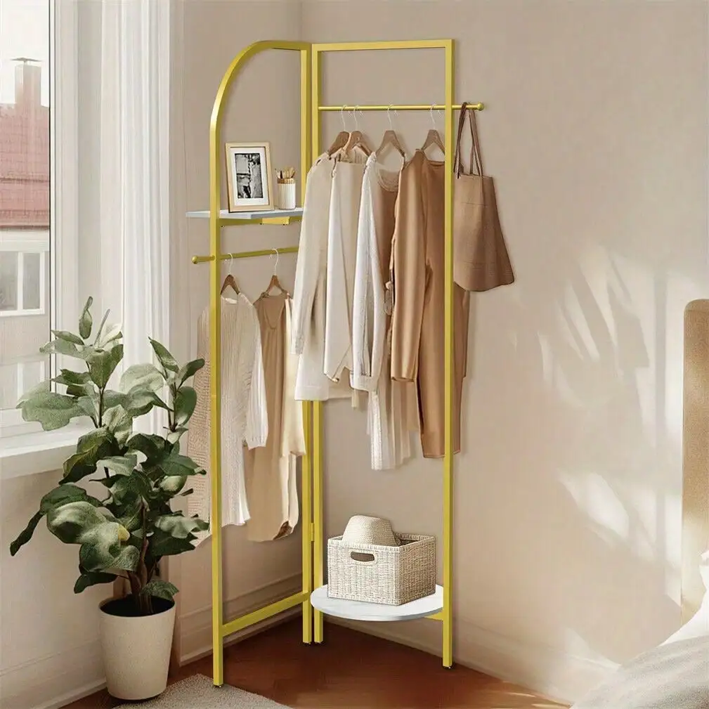 

68.9" Tall Corner Gold Metal Clothing Rack Heavy Duty Clothes Rack Garment Shelf